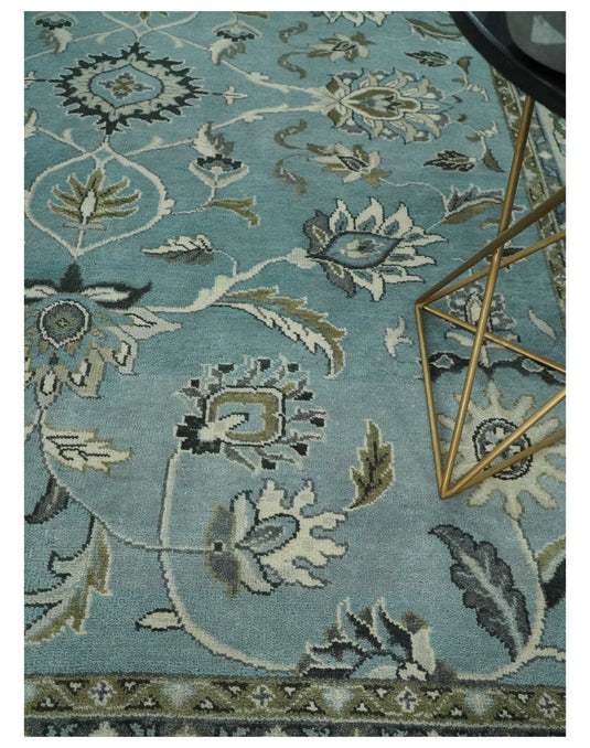 Traditional Antique 9x12 Vintage Oriental Oushak Blue, Ivory and Grey Hand Knotted Wool Area Rug | CP908912