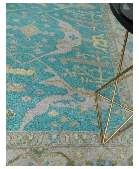 Traditional Hand knotted Antique Oriental Oushak 8x10 Wool Persian Blue, Beige and Camel Area Rug | CP912810