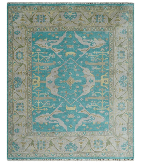 Traditional Hand knotted Antique Oriental Oushak 8x10 Wool Persian Blue, Beige and Camel Area Rug | CP912810