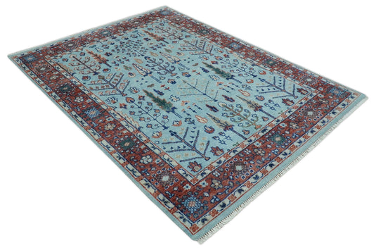 Traditional Handknotted Tree of Life Oriental Oushak Rug, Sky Blue and Rust | NCP2747