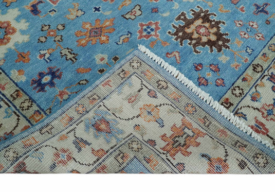 Modern Oushak Rug Hand Knotted Turkish Persian Wool Rug, Blue and Ivory | NCP2741