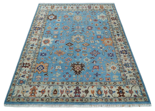 Modern Oushak Rug Hand Knotted Turkish Persian Wool Rug, Blue and Ivory | NCP2741