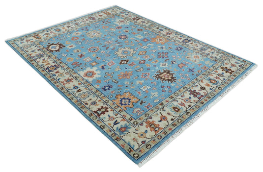 Modern Oushak Rug Hand Knotted Turkish Persian Wool Rug, Blue and Ivory | NCP2741