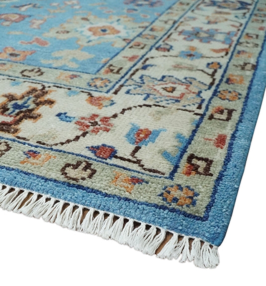 Modern Oushak Rug Hand Knotted Turkish Persian Wool Rug, Blue and Ivory | NCP2741