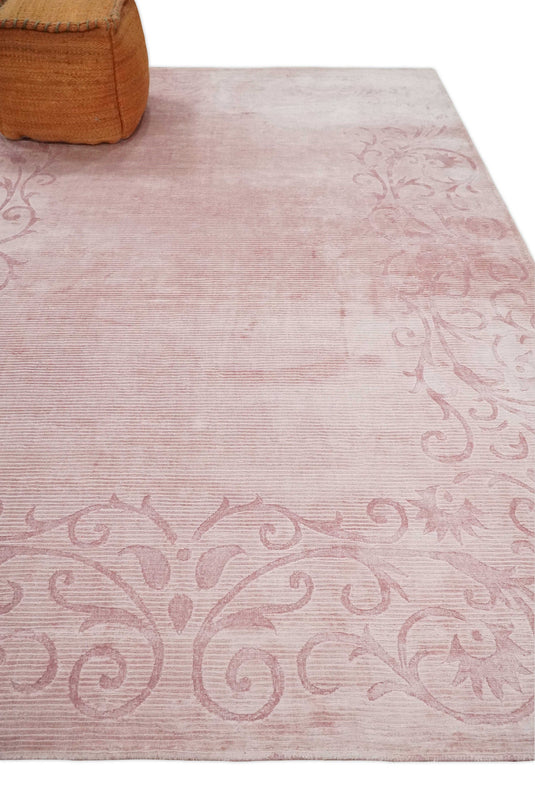 Hand Woven and Carved Pink Floral Art Silk Rug, 4x6 and 6x9