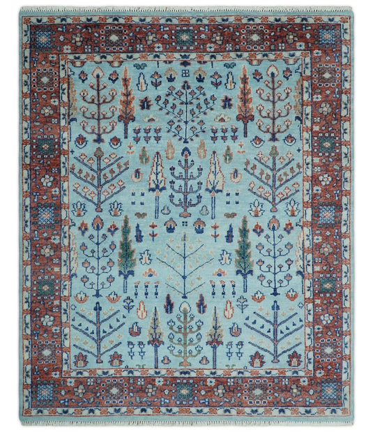 Traditional Handknotted Tree of Life Oriental Oushak Rug, Sky Blue and Rust | NCP2747