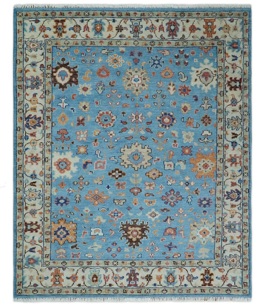 Modern Oushak Rug Hand Knotted Turkish Persian Wool Rug, Blue and Ivory | NCP2741