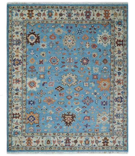 Modern Oushak Rug Hand Knotted Turkish Persian Wool Rug, Blue and Ivory | NCP2741