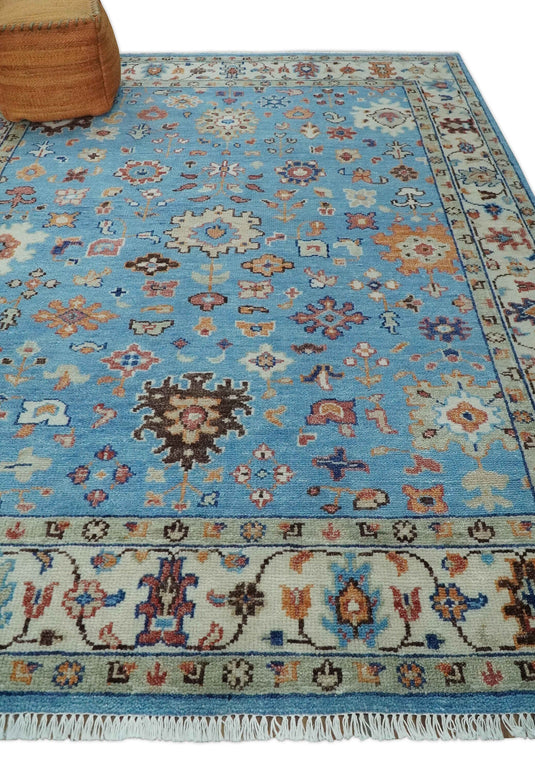 Modern Oushak Rug Hand Knotted Turkish Persian Wool Rug, Blue and Ivory | NCP2741