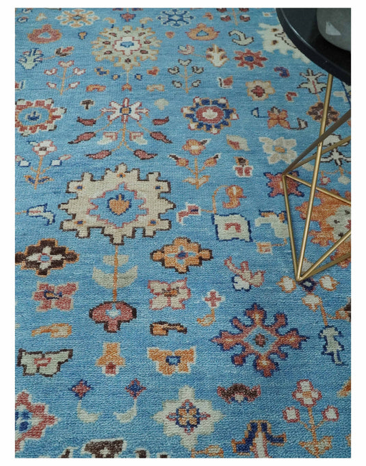 Modern Oushak Rug Hand Knotted Turkish Persian Wool Rug, Blue and Ivory | NCP2741
