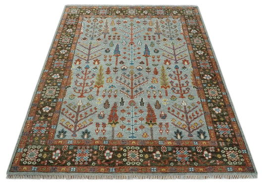 Tree of Life Hand Knotted Traditional Persian Vintage Oushak Wool Rug, Silver, Brown and Rust | NCP2757