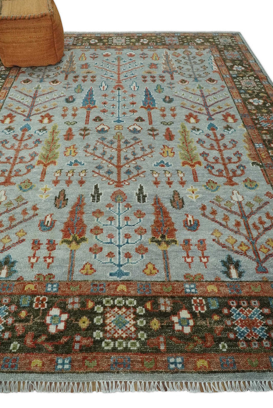 Tree of Life Hand Knotted Traditional Persian Vintage Oushak Wool Rug, Silver, Brown and Rust | NCP2757