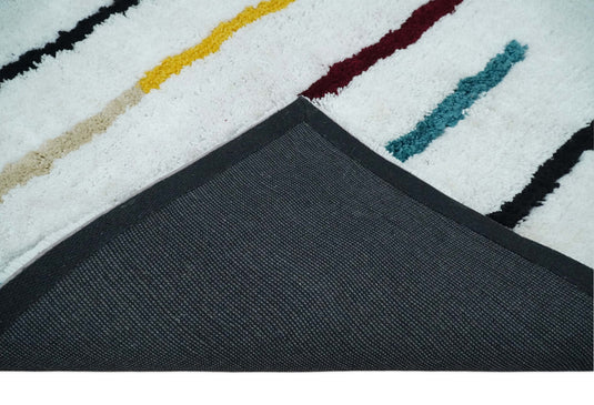 Hand Woven Soft White with Multicolored Stripes Plush 3x5, 4x6 and 5x7 Shaggy Area Rug | SHAG2