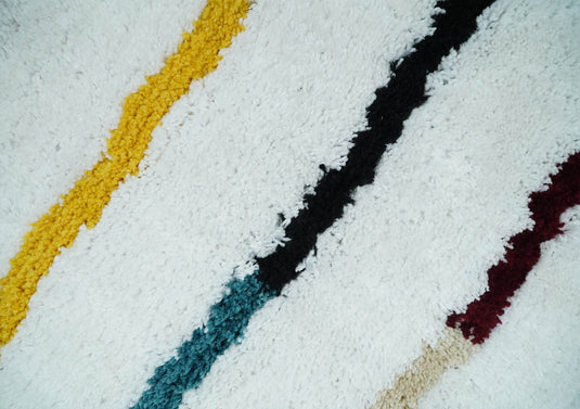 Hand Woven Soft White with Multicolored Stripes Plush 3x5, 4x6 and 5x7 Shaggy Area Rug | SHAG2