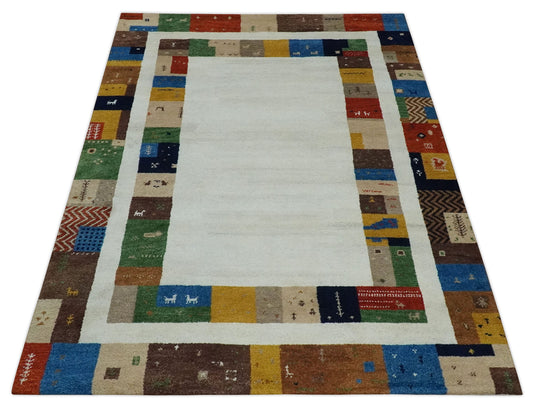 Hand Knotted Ivory with multicolored Stripes border Lori Gabbeh Traditional Antique Southwestern rug, 5X8