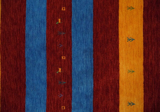Hand Woven Vibrant Red, Blue, Yellow and Green Striped Wool southwestern Lori area rug, 6x8
