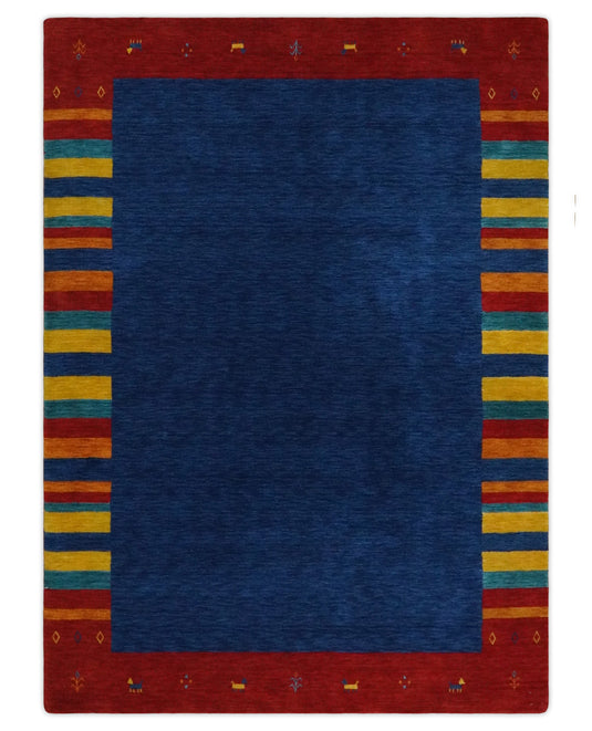 Hand Woven Blue, Rust with multicolored Stripes Wool southwestern Lori area rug, 6x8 |KNT19
