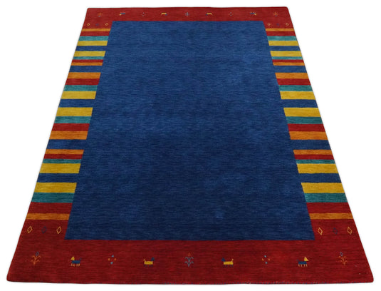 Hand Woven Blue, Rust with multicolored Stripes Wool southwestern Lori area rug, 6x8 |KNT19
