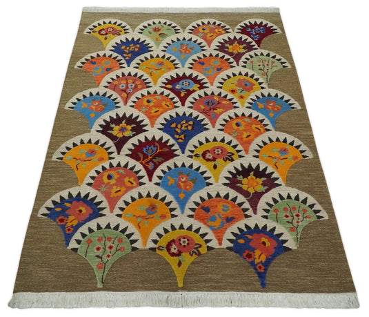Flatwoven Soumak Brown and Ivory with multicolored Floral design Wool area rug, 5x7