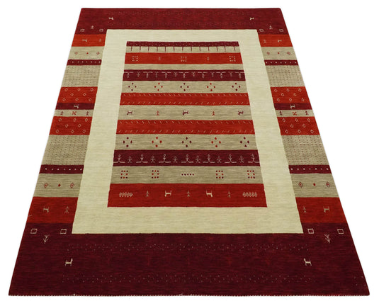 Hand Woven Red, Maroon and Beige striped Wool southwestern Lori area rug, 6x8