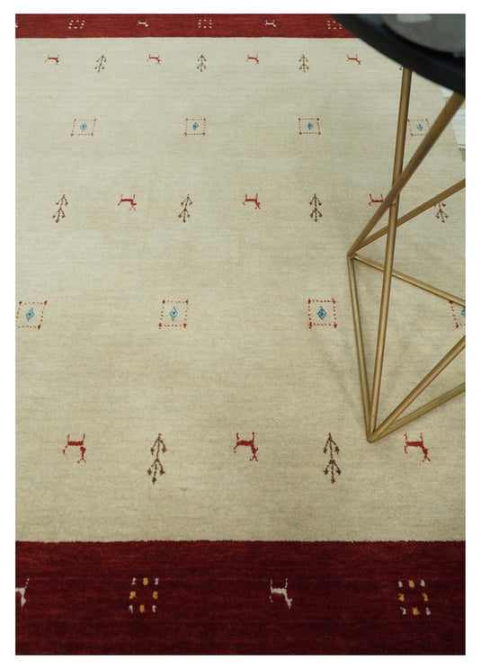 Hand Woven Beige, Ivory and Rust striped Wool southwestern Lori area rug, 6x8 |KNT30