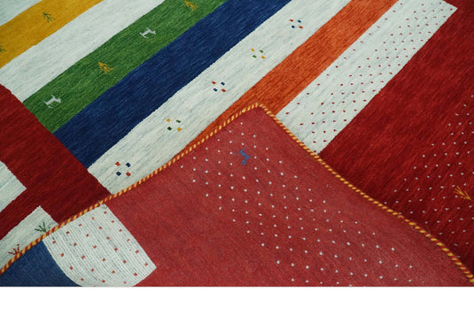 Hand Woven Vibrant Multicolored Striped Wool southwestern Lori area rug, 6x8 |KNT33