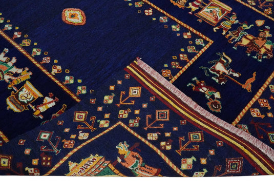 Hand Woven Navy Blue Indian wedding design Antique Wool area rug, 5x7 |KNT40