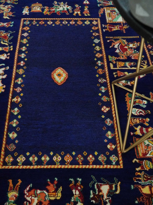 Hand Woven Navy Blue Indian wedding design Antique Wool area rug, 5x7 |KNT40