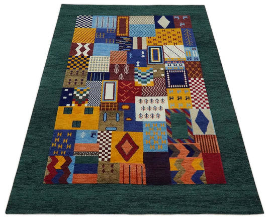 Hand Woven Multicolor Shapes Abstract Soumak loop and Cut Rug,5x7 | KNT41