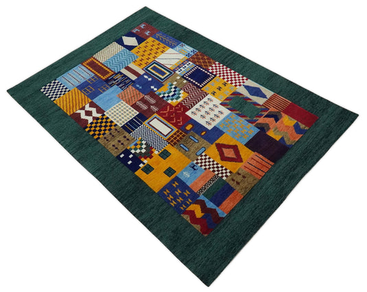 Hand Woven Multicolor Shapes Abstract Soumak loop and Cut Rug,5x7 | KNT41