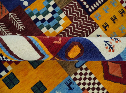 Hand Woven Multicolor Shapes Abstract Soumak loop and Cut Rug,5x7 | KNT41