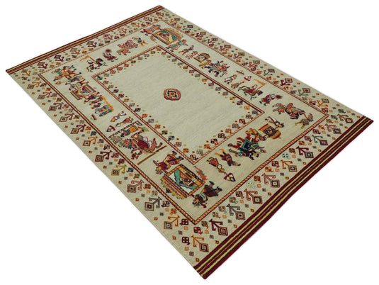 Hand Woven Ivory and Beige Indian wedding design Soumak Handspun Wool area rug, 5x7 |KNT42