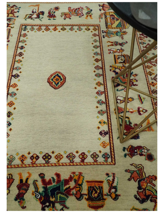 Hand Woven Ivory and Beige Indian wedding design Soumak Handspun Wool area rug, 5x7 |KNT42