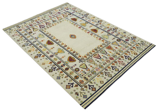 Hand Woven Ivory and Beige Tribal art Soumak Handspun Wool area rug, 5x7 |KNT43