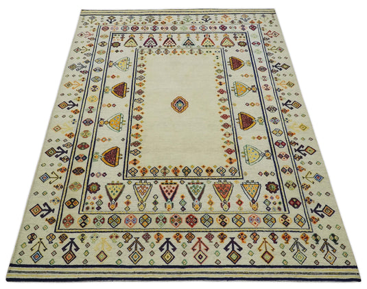 Hand Woven Ivory and Beige Tribal art Soumak Handspun Wool area rug, 5x7 |KNT43