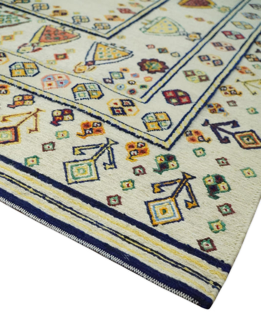 Hand Woven Ivory and Beige Tribal art Soumak Handspun Wool area rug, 5x7 |KNT43