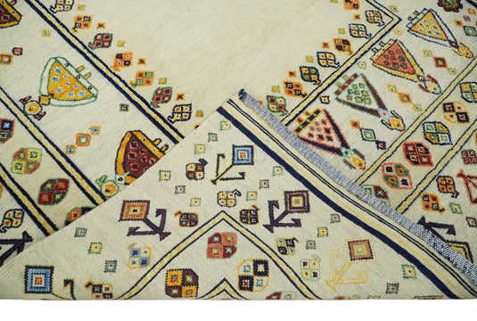 Hand Woven Ivory and Beige Tribal art Soumak Handspun Wool area rug, 5x7 |KNT43