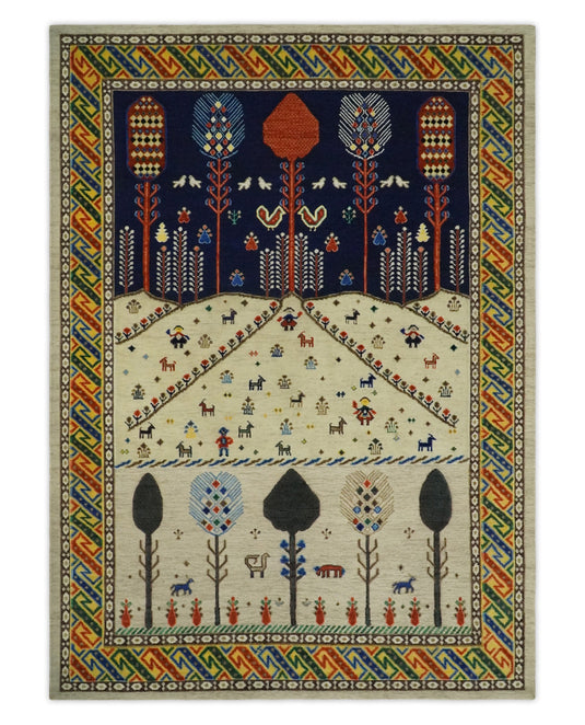 Hand Woven Beige and Blue Tribal art Soumak Handspun Wool area rug, 5x7 |KNT44