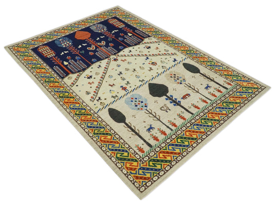 Hand Woven Beige and Blue Tribal art Soumak Handspun Wool area rug, 5x7 |KNT44