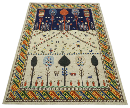Hand Woven Beige and Blue Tribal art Soumak Handspun Wool area rug, 5x7 |KNT44