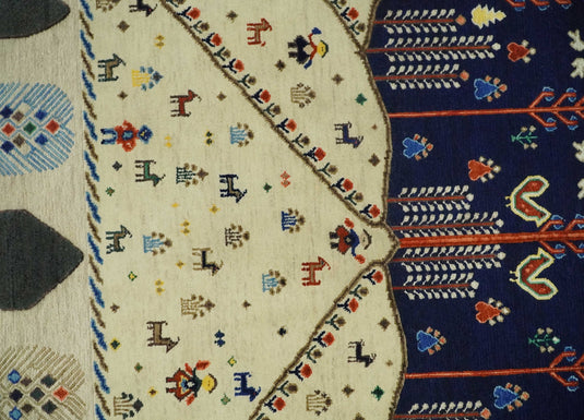 Hand Woven Beige and Blue Tribal art Soumak Handspun Wool area rug, 5x7 |KNT44