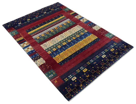 Hand knotted Red and Blue multicolored tree design Wool area rug, 5x7 |KNT45