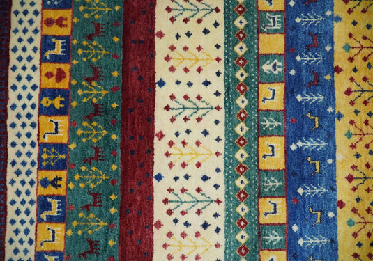 Hand knotted Red and Blue multicolored tree design Wool area rug, 5x7 |KNT45