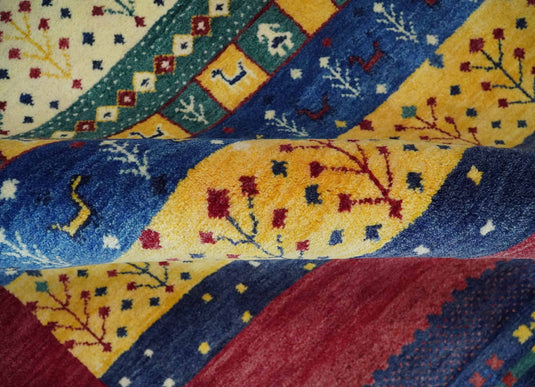 Hand knotted Red and Blue multicolored tree design Wool area rug, 5x7 |KNT45