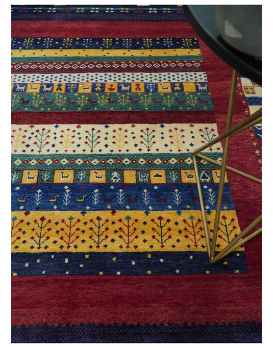 Hand knotted Red and Blue multicolored tree design Wool area rug, 5x7 |KNT45