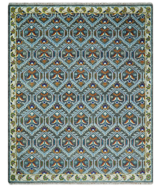 Antique Wool Charcoal, Blue and Ivory Hand Knotted 6x9, 8x10, 9x12 and 10x14 Vintage Persian Rug, Bedroom, Living Room Rug - CP948