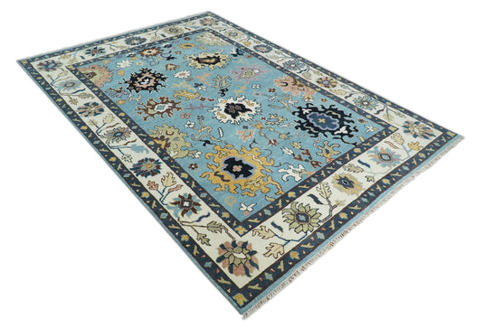 Hand knotted Turkish Oushak 9x12 Traditional Blue Ivory Vibrant Colorful Rug, Vintage Antique Living Room and Bedroom | CP954912