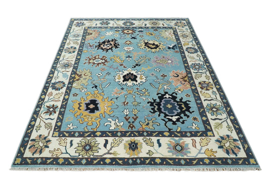 Hand knotted Turkish Oushak 9x12 Traditional Blue Ivory Vibrant Colorful Rug, Vintage Antique Living Room and Bedroom | CP954912