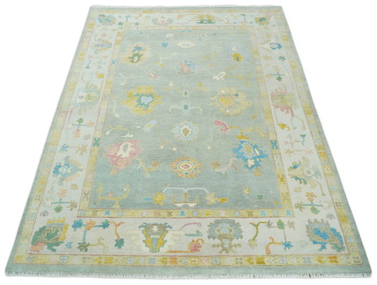 Hand knotted Turkish Oushak 9x12 Traditional Blue Ivory Vibrant Colorful Rug, Vintage Antique Living Room and Bedroom | CP960912