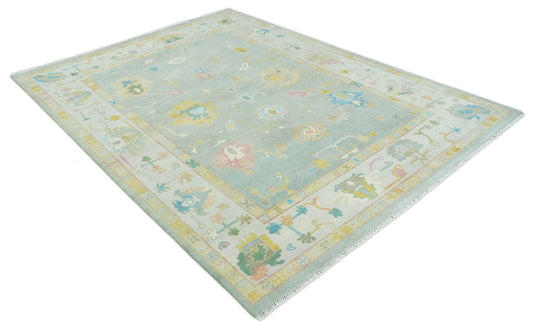 Hand knotted Turkish Oushak 9x12 Traditional Blue Ivory Vibrant Colorful Rug, Vintage Antique Living Room and Bedroom | CP960912